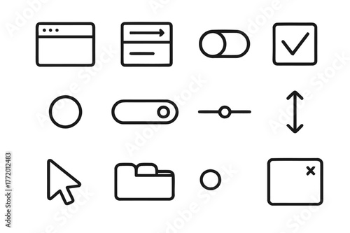 UI Icon Grid. User Interface. Line icon set of User Interface: window frame, dropdown menu, toggle switch, checkbox, radio button, search bar, slider, scroll