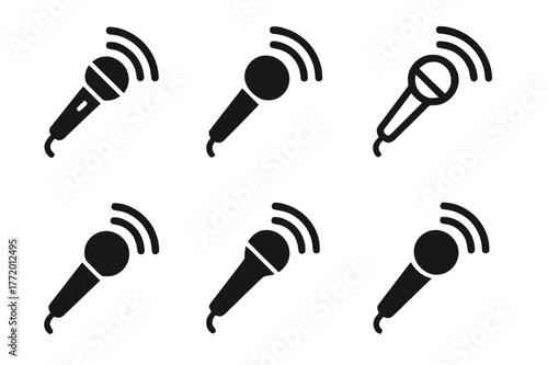 Microphone Logo Variations. Technology for live performances. Set Logo of Technology for live performances: Wireless handheld microphone with signal waves.