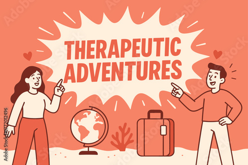 Therapeutic Adventures Banner. Therapeutic adventures banner, flat vector illustration, bold oversized text inside splash explosion, cartoon characters