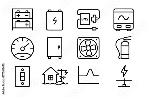 Solar Energy Storage Icons. Energy storage for solar. Line icon set of energy storage for solar: battery rack, battery cell, bms controller, inverter charger,