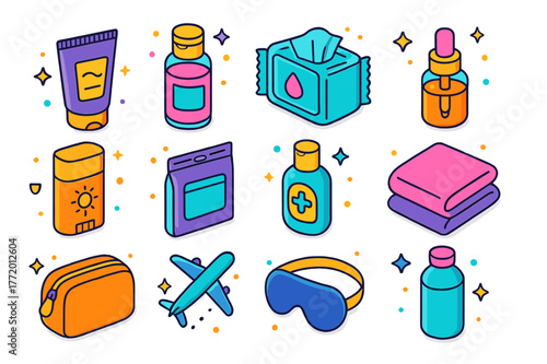 Travel Skincare Essentials Icons. Travel skincare hygiene. Colorful isometric vector icons set of Travel skincare hygiene: mini cleanser tube, travel-sized