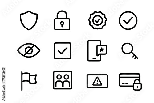 Trust & Safety Icons. Trust & Safety UX. Line icon set of Trust & Safety UX: shield, lock, check badge, verified tick, privacy eye off, consent checkbox, two
