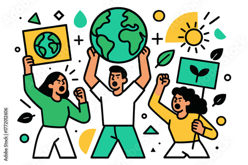 Earth Activists Rally. Environmental Protests. Activists holding Earth-themed banners with floating abstract geometric shapes and environmental