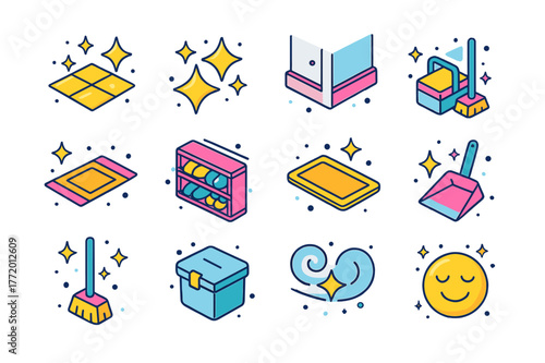 Colorful Cleaning Icons. After-clean sparkle. Colorful isometric vector icons set of After-clean sparkle: shiny floor reflection, sparkle stars, neat