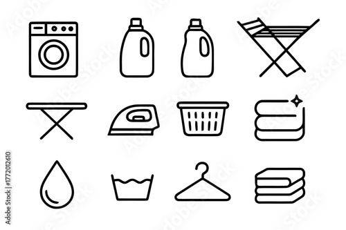Laundry Care Icons. Laundry care. Line icon set of laundry care: washing machine, detergent bottle, fabric softener, drying rack, ironing board, iron, laundry
