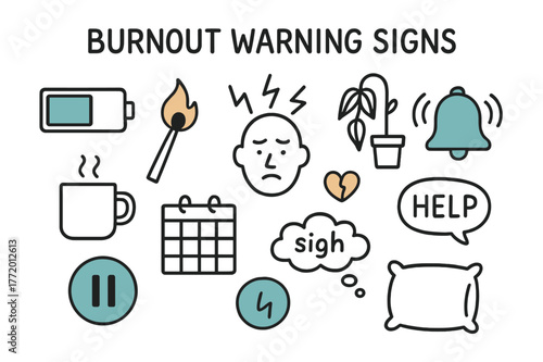 Burnout Doodle Icons. // Burnout warning signs. Hand-drawn doodle illustration Burnout warning signs [battery empty (accented), flame-out match (accented),