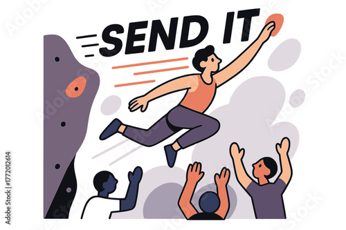 Dynamic Climbing Leap. Dyno to the Jug. Knees load, hands launch, the climber flies between holds; ?SEND IT? arcs with motion streaks. Spotters below glow as