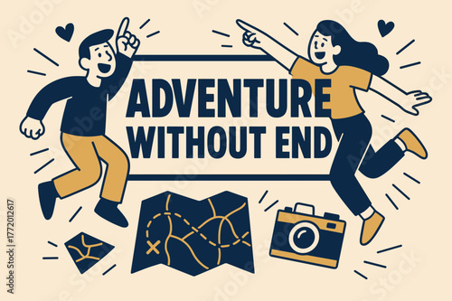 Endless Adventure Banner. Adventure without end banner, flat vector illustration, bold oversized text inside rectangular frame, cartoon characters pointing and