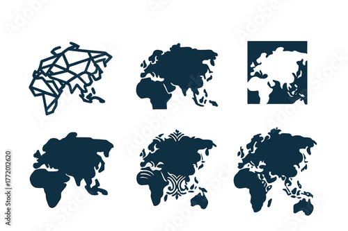 Eurasia Logo Collection. Eurasia. Set Logo of Eurasia Collection: Abstract geometric, Filled silhouette, Negative space, Flat solid, Symmetrical form, Stylized