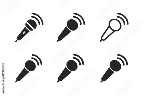 Microphone Logo Variations. Technology for live performances. Set Logo of Technology for live performances: Wireless handheld microphone with signal waves.