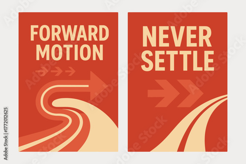 Forward Motion Banners. Forward motion. Two vertical A6 banners with safe margins, centered composition, no elements touching edges, flat vector design, red