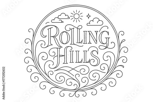 Ornate Rolling Hills. Rolling Hills ? Flourish Lettering; classic ornamental serif with medium swashes and soft curls; circular crest composition with a thin