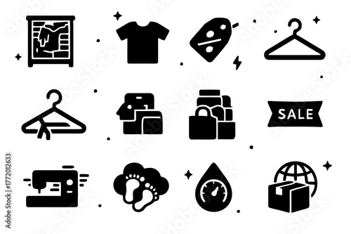 Fast Fashion Icons. Fast fashion impact. Solid icons set of fast fashion impact: overflowing closet, cheap t-shirt, price tag slash, trend lightning, broken