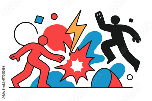 Energetic Geometric Catalyst. Catalyst. Lightning spark igniting abstract shapes with floating geometric accents, energetic and transformative scene. Modern