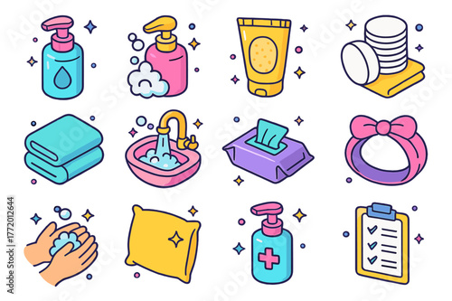 Skincare Hygiene Icons. Skincare hygiene. Colorful isometric vector icons set of Skincare hygiene: face cleanser bottle, foaming soap, gentle exfoliating