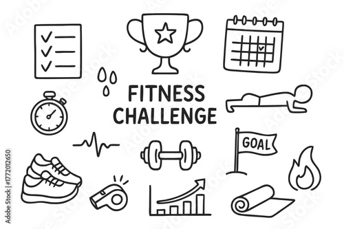 Fitness Challenge Icons. Fitness challenge. Hand-drawn doodle illustration fitness challenge trophy, checklist, calendar, push-up icon, stopwatch, sweat drops,