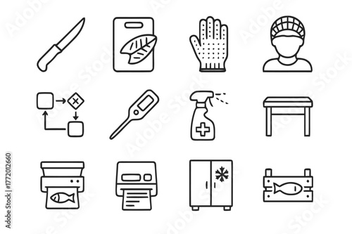 Seafood Processing Icons. Seafood Processing and Handling. Line icon set of Seafood Processing and Handling: fillet knife, cutting board, protective gloves,