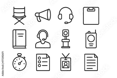 Director Crew Icons. Director and Crew. Line icon set of Director and Crew: director chair, megaphone, headset, clipboard, script binder, stage manager, cue