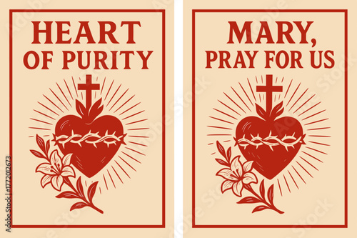 Immaculate Heart Banners. Immaculate Heart. Two vertical A6 banners with safe margins, centered composition, no elements touching edges, bold, red and beige,