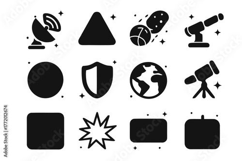 Planetary Defense Icons. Planetary defense and meteors. Solid icons set of Planetary defense and meteors: radar dish, warning alert, asteroid path, laser