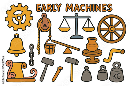 Early Machines Doodle. Early machines. Colorful Hand-drawn doodle Children illustration Early machines bronze gear, pulley, lever, balance scale, wheel,