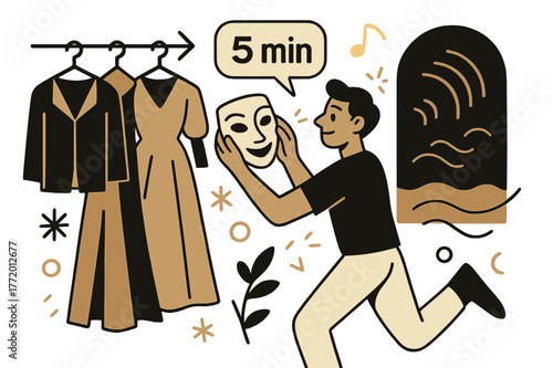 Backstage Theater Magic. Amphitheater ? Backstage Calm. Costumes hang in tidy rows; a stagehand adjusts a mask while a tiny ? min? callout glows. Soft sound