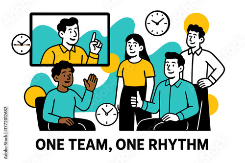 Global Team Sync. Hybrid Standup Sync. A leader on a big screen gestures while in-room teammates face the camera; floating clocks show multiple time zones.