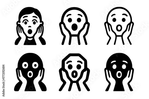 Frightened Expression Logos. Frightened expression. Set Logo of Frightened expression: hands-on-cheeks gasp. harmonious logo variations of the same emblematic