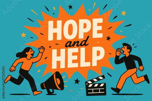 Hope and Help. Hope and Help banner, flat vector illustration, bold oversized text inside splash explosion banner, cartoon characters running and shouting