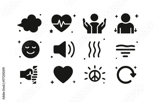 Icons of Calmness. Relief after stress. Solid icons set of relief after stress: exhale cloud, heart pulse returning to calm, open hands gesture, shoulders