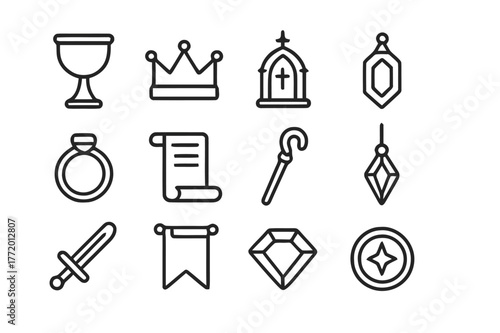 Medieval Artifact Icons. Medieval artifacts. Line icon set of medieval artifacts: chalice, crown, relic, amulet, ring, scroll, staff, pendant, sword, banner,