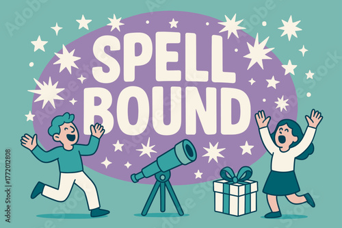 Spellbound Celebration Scene. Spellbound banner, flat vector illustration, bold oversized text inside rounded blob, cartoon characters shouting and dancing,