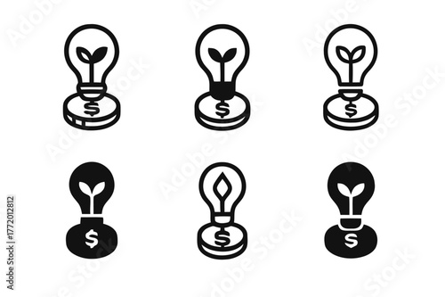 Innovative Logo Variations. Entrepreneurship. Set Logo of Entrepreneurship: lightbulb sprouting from coin. harmonious logo variations of the same emblematic