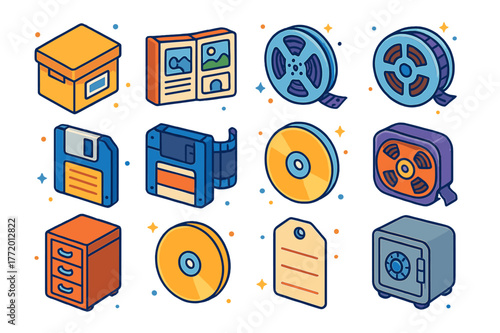 Colorful Storage Icons. Memory and archive storage. Colorful isometric vector icons set of Memory and archive storage: photo box, album book, film reel, old
