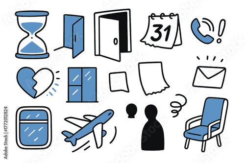 Lost Opportunities Symbols. // Lost chance. Hand-drawn doodle illustration lost chance [hourglass (accented), door closing (accented), calendar page torn,