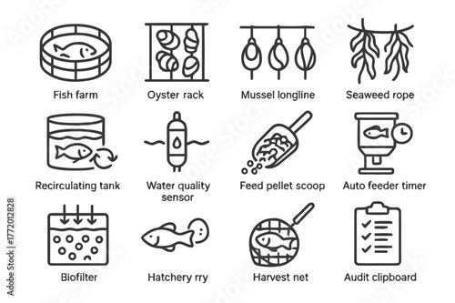 Sustainable Aquaculture Icons. Sustainable Aquaculture. Line icon set of Sustainable Aquaculture: fish farm pen, oyster rack, mussel longline, seaweed rope,