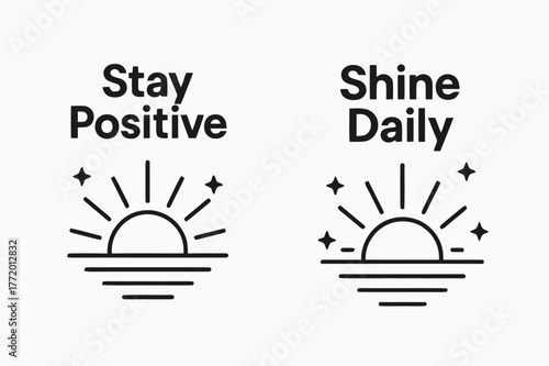 Stay Positive, Shine Daily. Positivity. Two vertical A6 banners with safe margins, centered composition, no elements touching edges, flat vector design, black