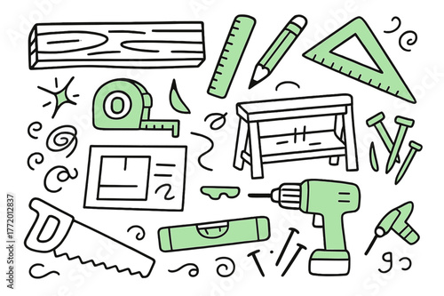 Carpentry Tools Doodle. // Carpentry measuring. Hand-drawn doodle illustration Carpentry measuring [wood plank, ruler (accented), tape measure (accented),
