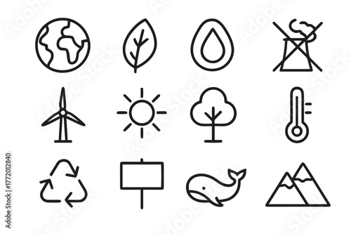 Climate Icons Grid. Climate justice art. Line icon set of climate justice art: earth, leaf, water drop, smokestack crossed, wind turbine, sun, tree,