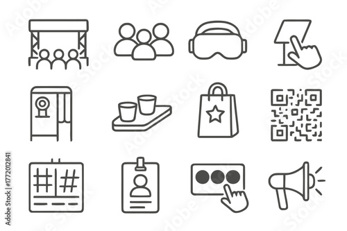 Experiential Marketing Icons. Experiential Marketing. Line icon set of experiential marketing: brand stage, audience, vr headset, touchscreen kiosk, photo