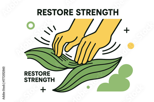 Muscle Therapy Motion. Deep Tissue Alignment. Close-up of stylized hands pressing into curved muscle shapes; motion lines show steady pressure. Label ?restore