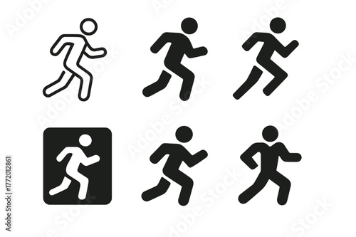 Running Icon Designs. Health and Fitness Challenges. Set Logo of Running Icon: Minimal outline, Filled silhouette, Abstract geometric, Negative space, Flat