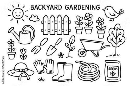 Backyard Gardening Doodles. Backyard gardening. Hand-drawn doodle illustration backyard gardening fence, potted plants, watering can, spade, wheelbarrow,
