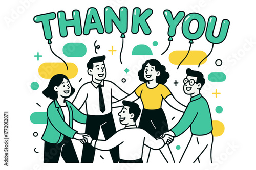Coworker Celebration Circle. Team Appreciation. Coworkers forming a circle with linked hands, smiling under floating balloons spelling ?THANK YOU?. Joyful,
