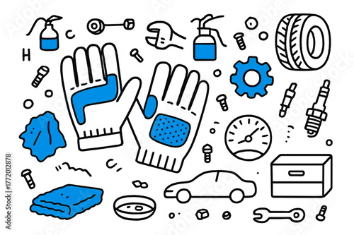 Mechanic Tools Doodle. // Mechanic gloves. Hand-drawn doodle illustration mechanic gloves [glove pair with grip pads (accented), ratchet wrench (accented),