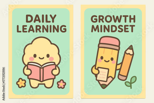 Kawaii Learning Banners. Daily learning. Two vertical A6 banners with safe margins, centered composition, no elements touching edges, kawaii, pastel mint and