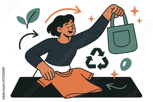 Eco-Friendly Tote Crafting. Upcycling and creative reuse of materials. Individual making tote bags from old t-shirts with abstract floating icons, arrows, and