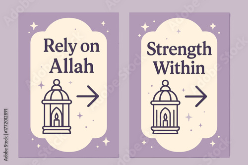 Tawakkul Path Banners. Tawakkul Path. Two vertical A6 banners with safe margins, centered composition, no elements touching edges, modern, lavender and cream,