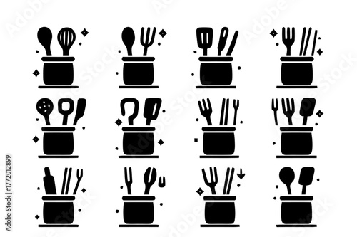 Kitchen Utensil Icons. Kitchen Utensil Holder. Solid icons set of Kitchen Utensil Holder: ceramic jar, wooden spoon, whisk, spatula, tongs, rolling pin, ladle,