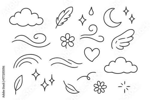Ethereal Elements Icons. Ethereal softness. Hand-drawn doodle illustration Ethereal softness cloud, feather, swirl, moon, droplet, sparkle, mist, flower, wing,